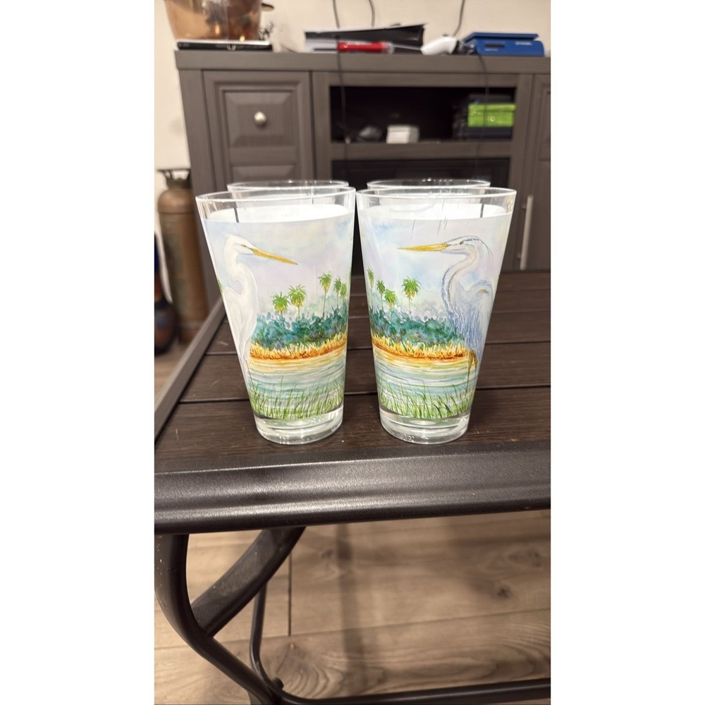 Set of 4 Heron Egret Bird Coastal Beach Plastic Tumbler Cups Glasses